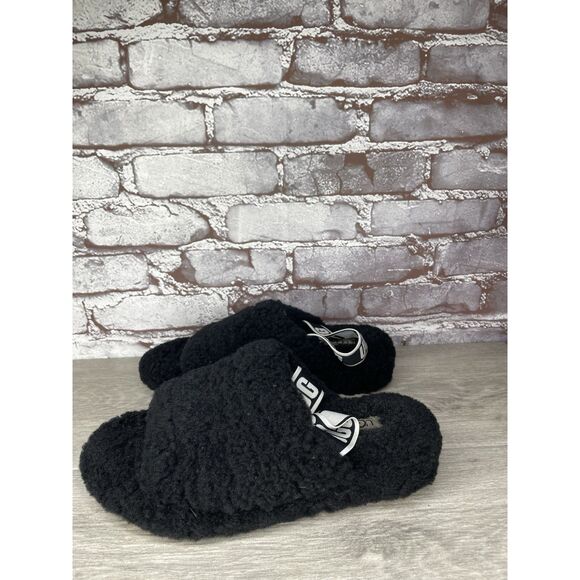 UGG Fluff Yeah Black Sheepskin Fur Slingback Slippers Sandals Women’s 8M US/39EU - Picture 15 of 16
